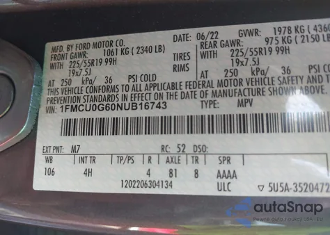 2022 Ford Escape Se из США, поврежденный, VIN 1FMCU0G60NUB16743